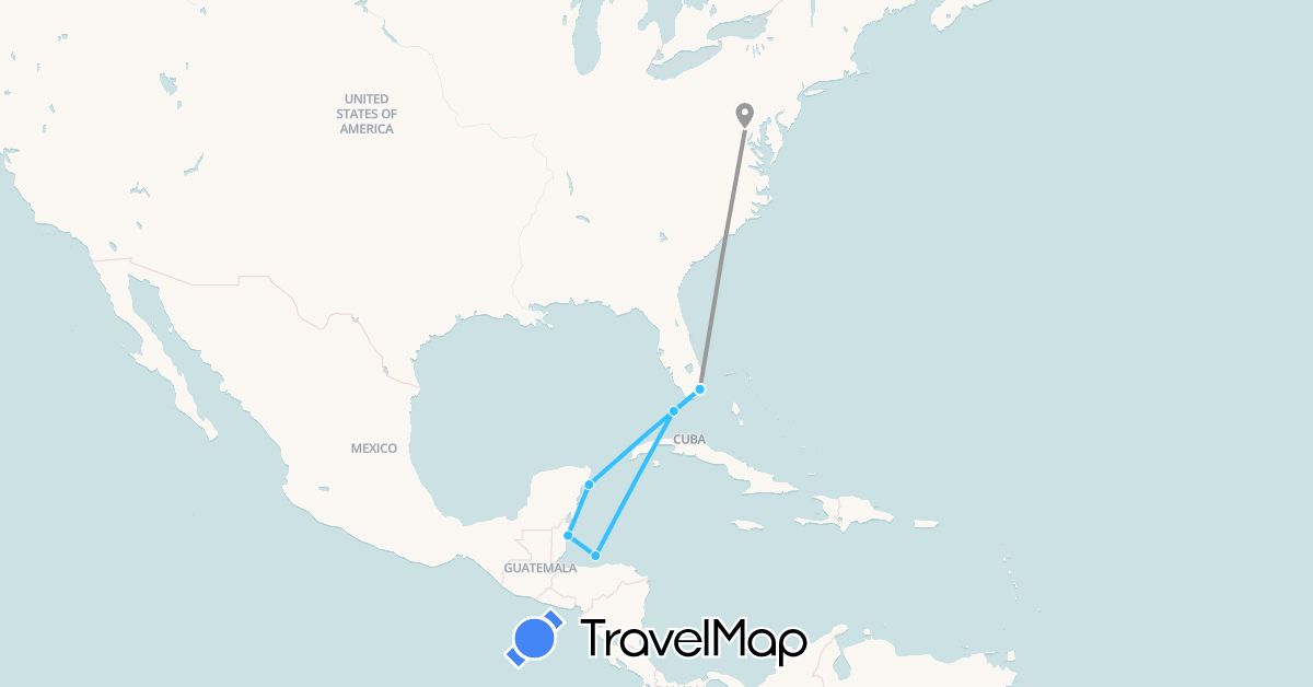 TravelMap itinerary: driving, plane, boat in Belize, Honduras, Mexico, United States (North America)